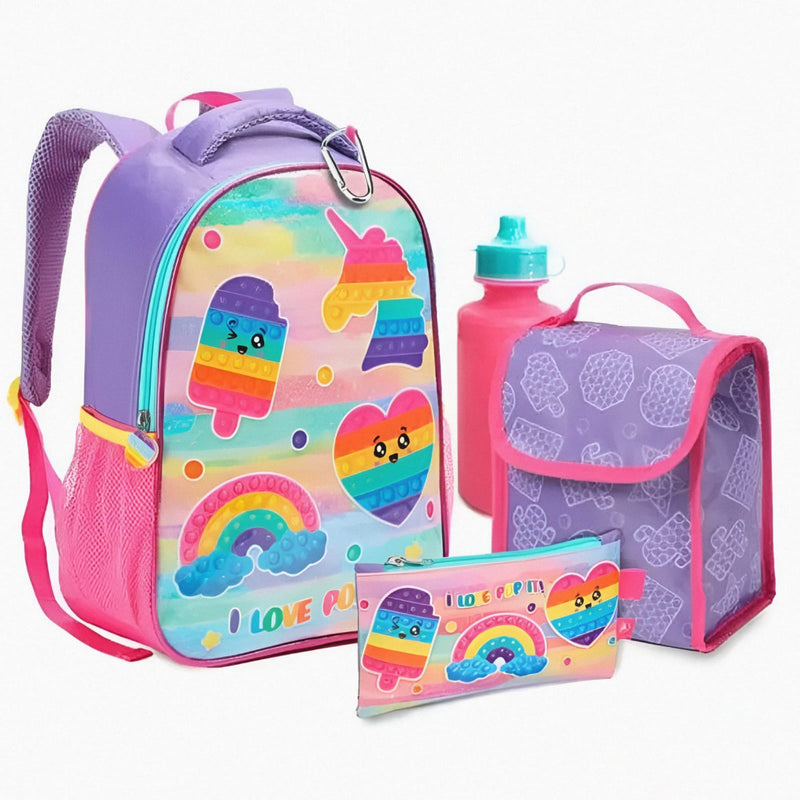 Mochila Feminina Infantil Kit 5 Peça Lancheira Térmica Estojo Garrafinha Chaveiro Mosquetão Escolar Passeio Menina arco iris