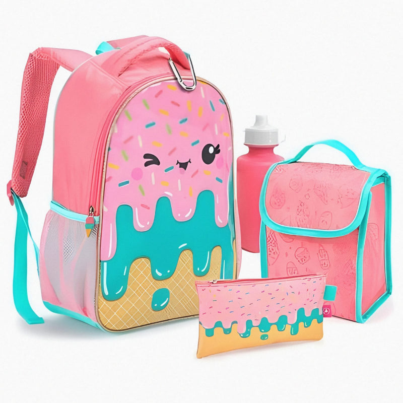 Mochila Feminina Infantil Kit 5 Peça Lancheira Térmica Estojo Garrafinha Chaveiro Mosquetão Escolar Passeio Menina